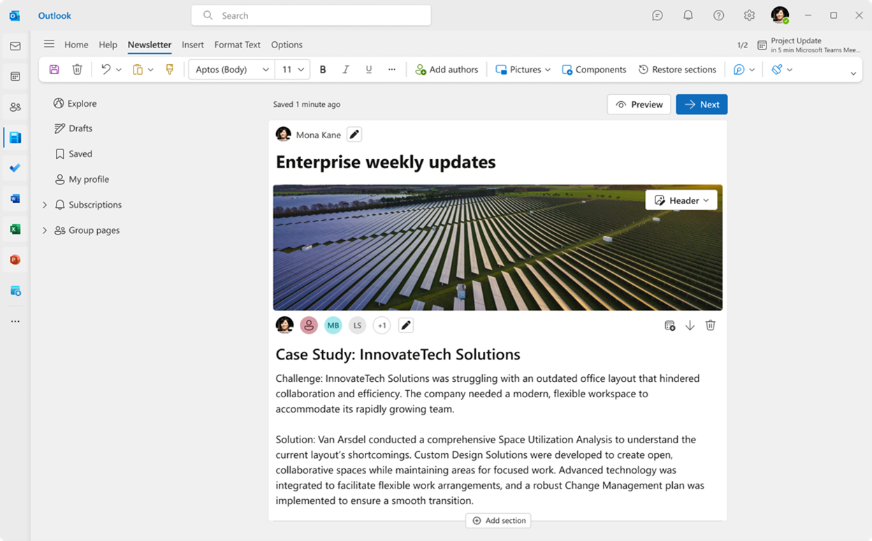 新しい Outlook for Windows および Outlook on the Web のニュースレター機能