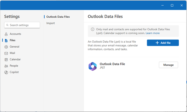 新しい Outlook for Windows への PST の追加