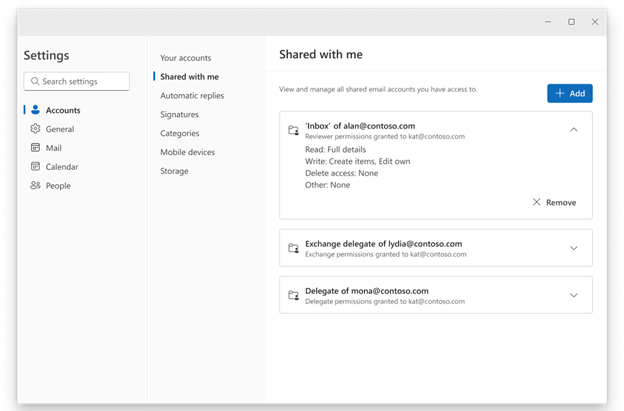 新しい Outlook for Windows および Web の「自分と共有」設定画面
