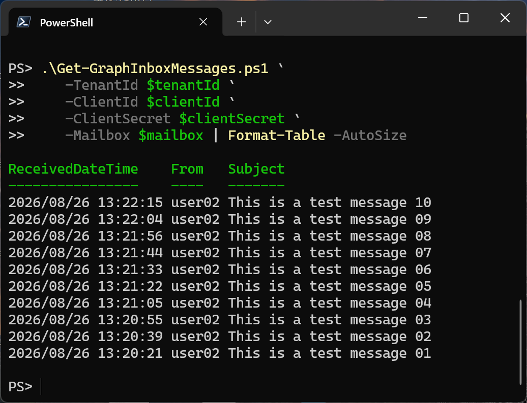 Microsoft Graph 版で受信トレイの最新 10 件を取得した結果