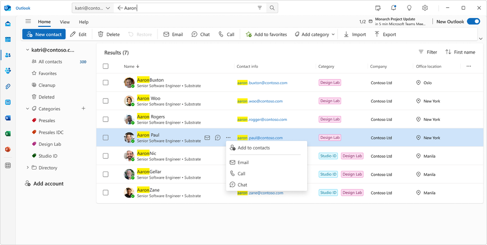 Outlook の People でインテリジェント検索を使って瞬時に誰でも見つける