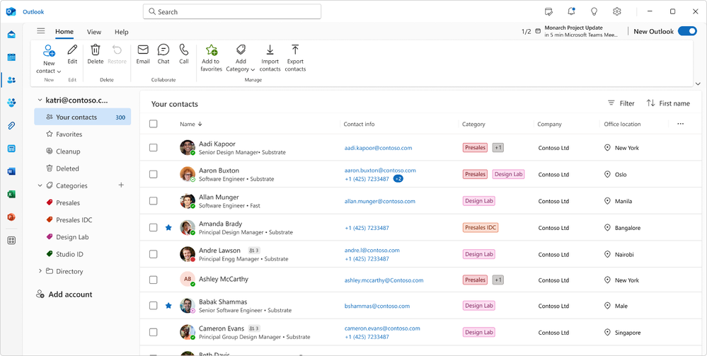 モダンなテーブル レイアウトで統合された連絡先管理エクスペリエンスを実現する新しい People エクスペリエンス
