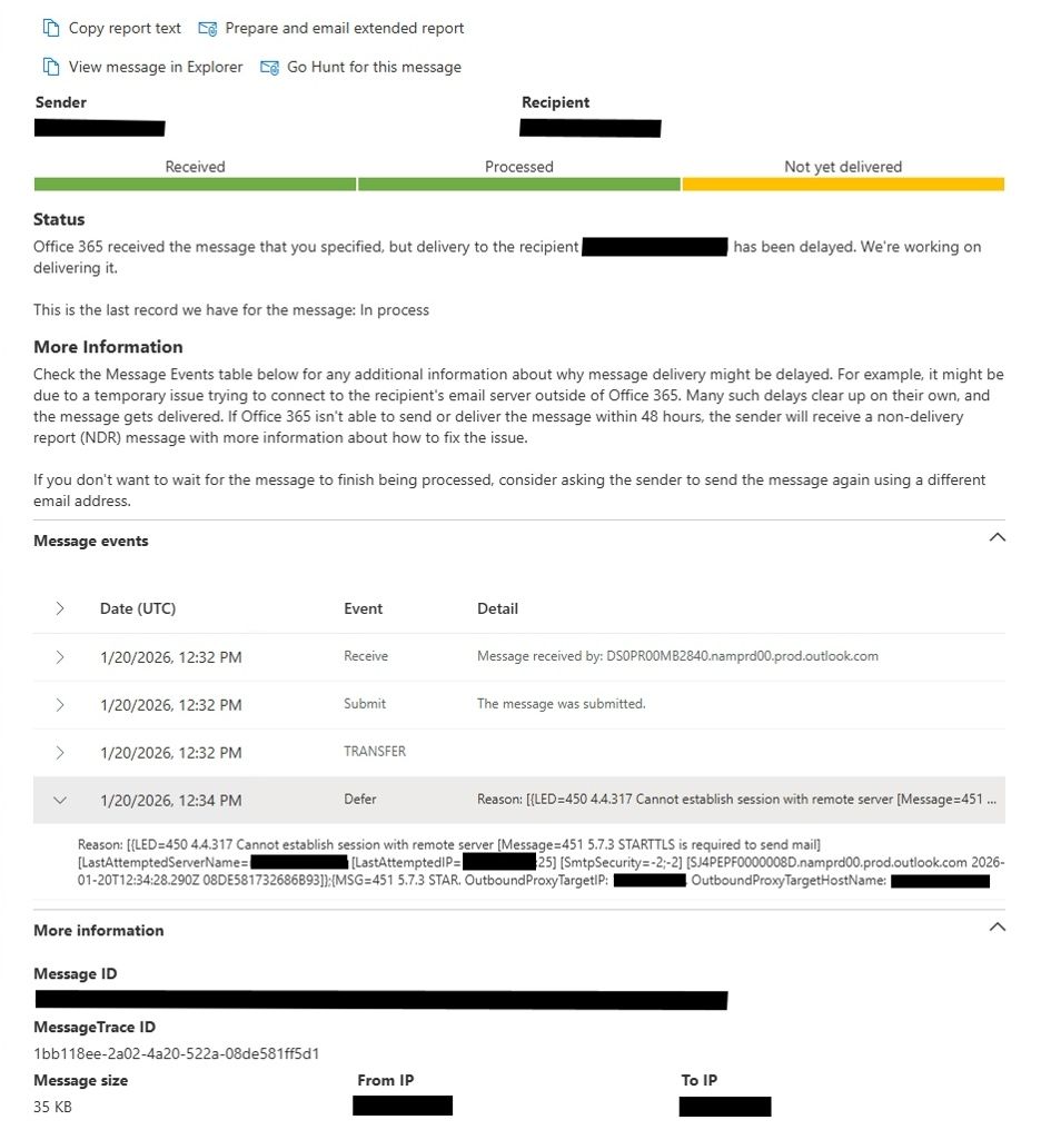 受信側サーバーが証明書を信頼しない場合に Exchange Online のメッセージ追跡で表示される可能性があるエラー